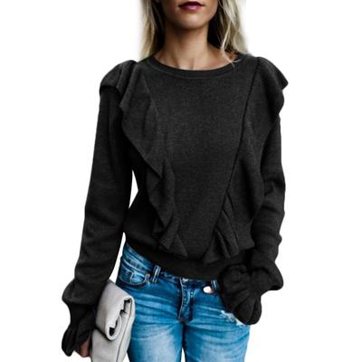 Fashion Women Solid Color Ruffled Long Sleeve O Neck Pullover T-shirt Blouse Top