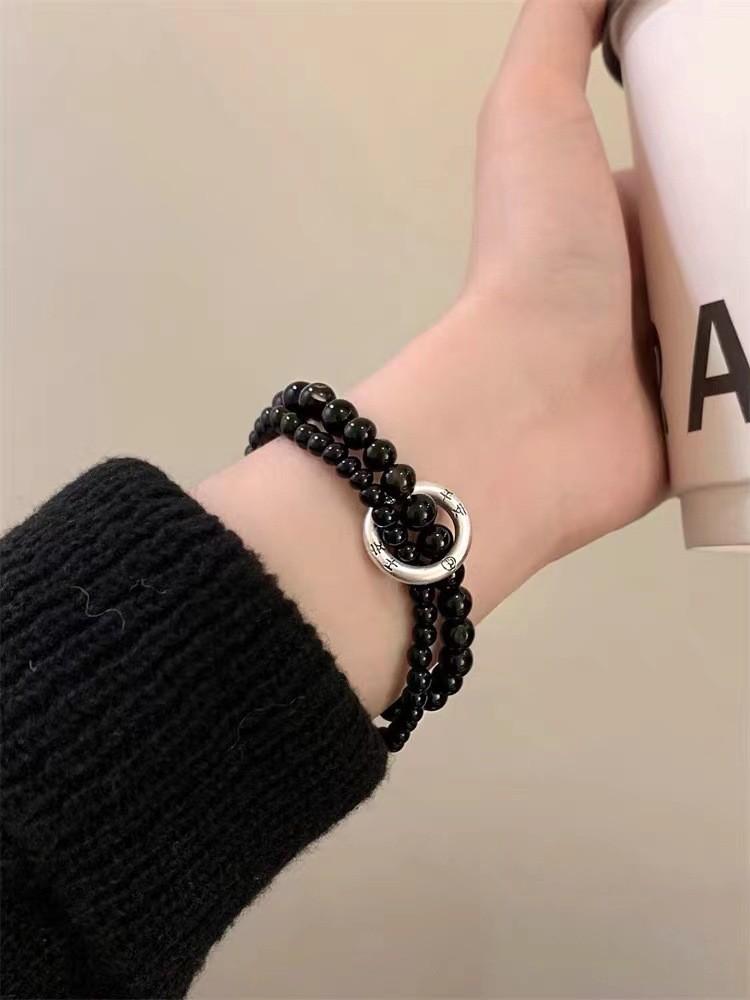 Black Unisex Elegant Beaded Double Circle Bracelet Trendy Retro Jewelry Artistic