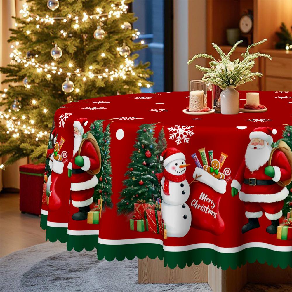 Christmas Red Tablecloths, Rectangular And Round Tablecloths, Christmas Snowman Gift Party Decorative Tablecloths