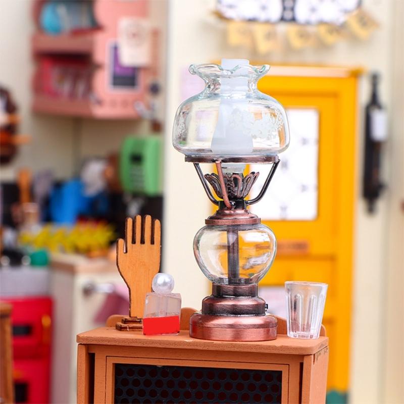 Kerosene Bedroom Table Lamp Miniature Furniture Model Doll Houses Accessory Realistic Lighting Toy Playset 1:12