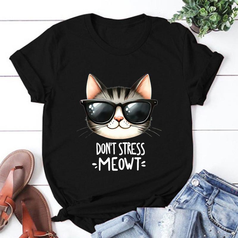 New Cat Don'T Stress Meowt Printed T Shirt Women Teens Fashion Hip Hop Harajuku Casual Short Sleeve Unisex Tops Tees