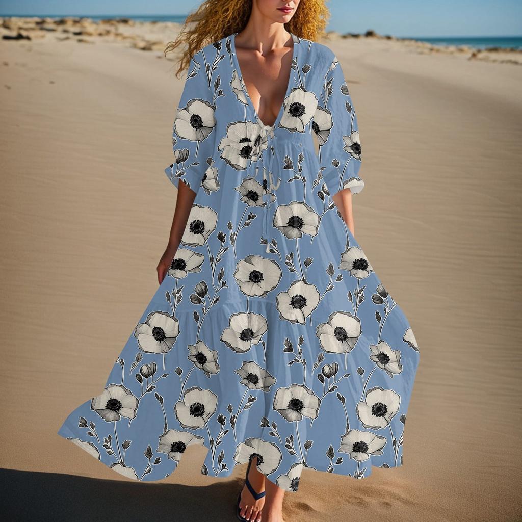 Women's Summer Fashion V-neck Retro Floral Print Short Sleeved Beach Dress With Lace Patchwork Dress