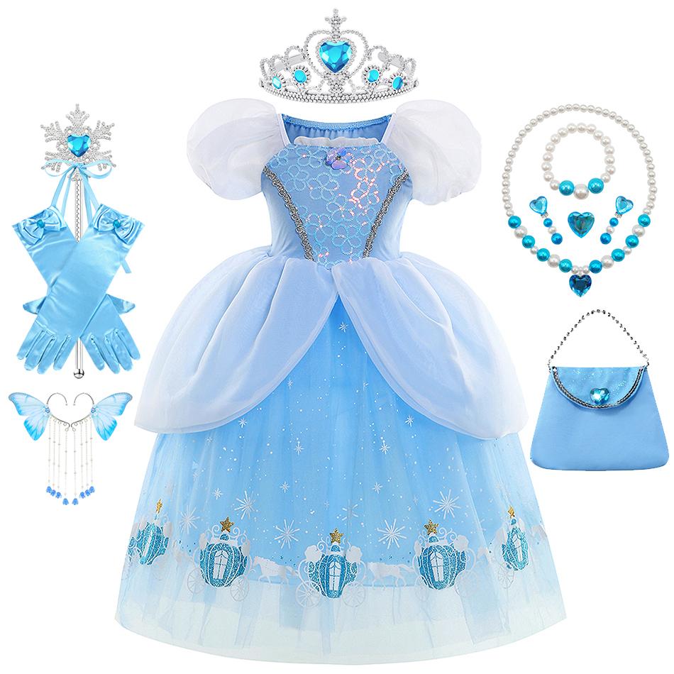 Cinderella Blue Princess Dress Girls Cosplay Theme Party Prom Gown Kids Birthday Gift Halloween Carnival Print Charm Clothing