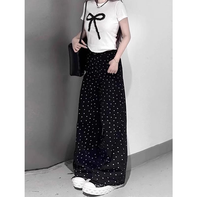 Pear-Shaped High-Waist Plus Size Black Polka Dot Wide-Leg Pants for Women - Spring/Summer Casual Slimming Design