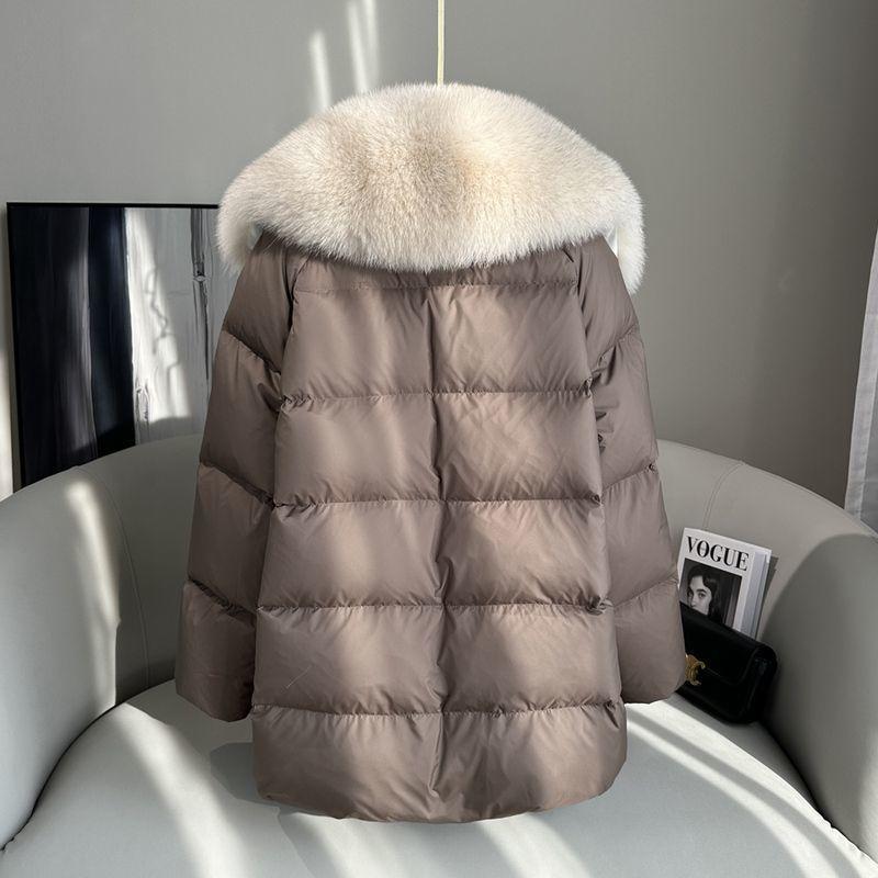 High End Faux Fox Fur Detachable Large Lapel Fur Down Jacket for Women Winter Medium Long Loose White Goose Down Coats