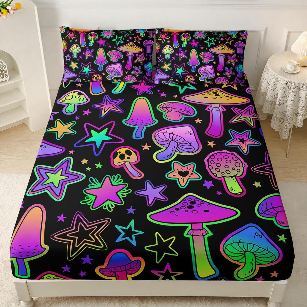 Color Mushroom Pattern Mattress Three-Piece Digital Printing Mattress Bedding Set Adult Children