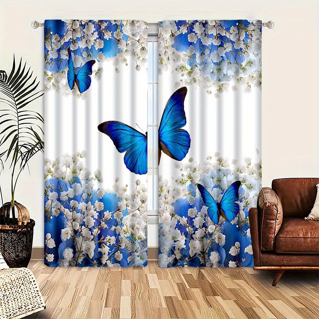 2-teiliges Vorhang-Set, blaue Schmetterlingsblumen-Türvorhang mit Stangentasche, geeignet für Schlafzimmer und Wohnzimmer