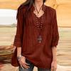Women Flared Sleeve Tops Solid V-Neck Lace Splicing Fold Three Quarter Sleeve