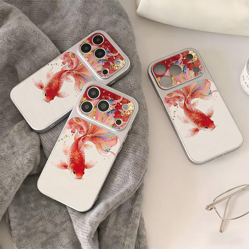 Electroplated lambskin colored koi is suitable for Apple 16/15/14/13promax mobile phone case 12/11 anti-drop