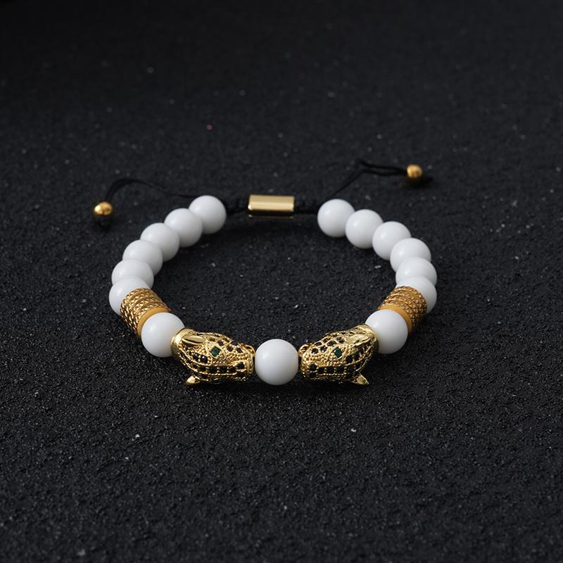 Luxury Tiger Eye Stone Beads Man Bracelet Leopard Head Charms Women Bracelets Couple Jewelry Christmas Gift