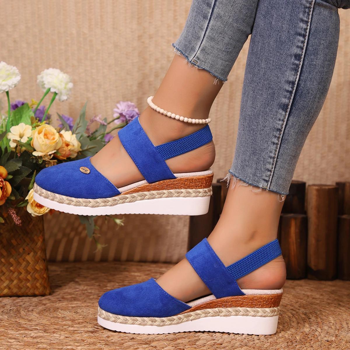 

Fashion 2025 New Women Closed Toe Wedge Sandals Buckle Strap Gladiator Shoes Woman Fashion Espadrilles Platform Sandals Zapatos De Mujer 36 синий