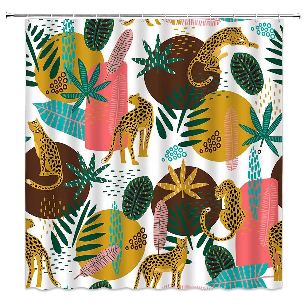 

Boho Cheetah Shower Curtain,Tropical Leopard Wildlife Bath Curtain,Modern Pink Aesthetic Moon Phase Blue Floral Bathroom Curtain 150x180cm-60x70in