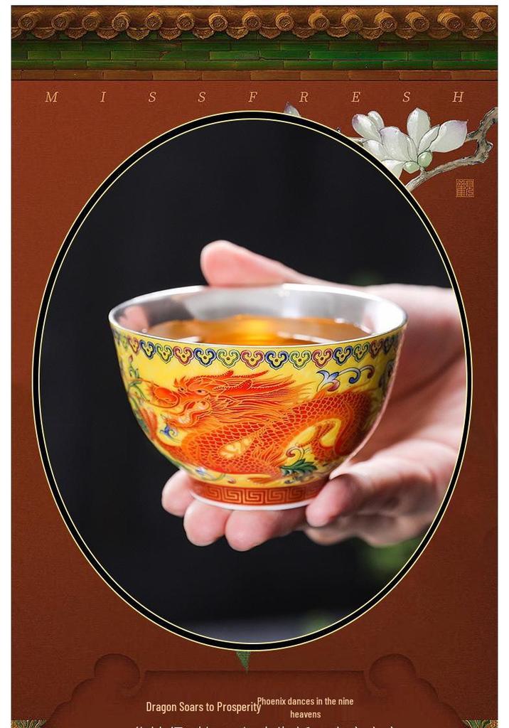 Handmade 999 Sterling Silver Dragon & Phoenix Enamel Tea Cup Gift Set - Gongfu Court Style