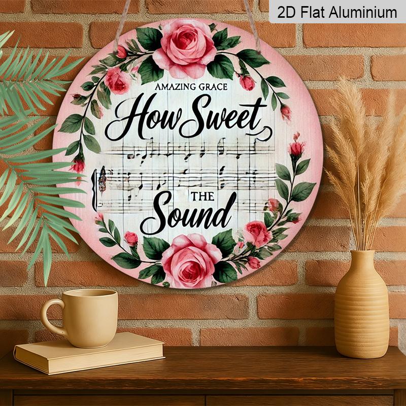2D Flat, 1pc Vintage Circular Metal Sign, 8x8 In, Pink Floral Wreath & "How Sweet The Sound" Inspirational Quote - Aluminium Wall Decor for Home