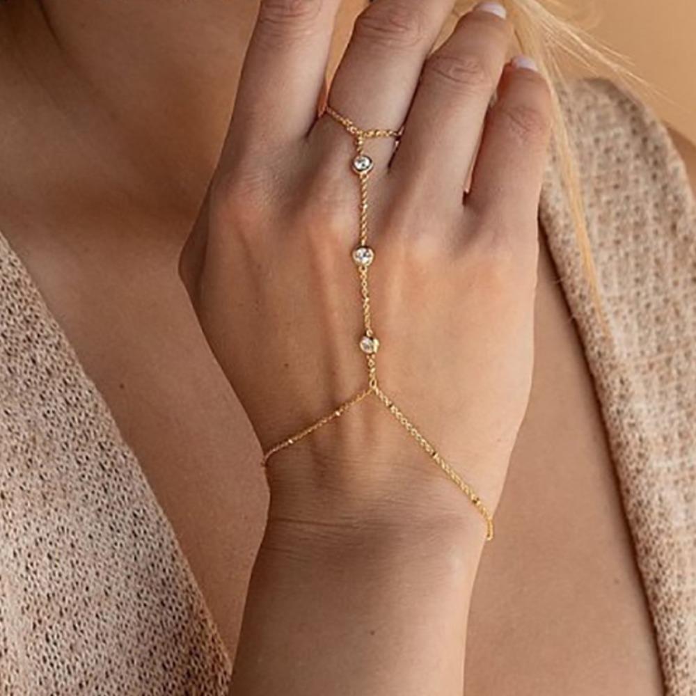 Rhinestone Zircon Butterfly Hand Chain Shiny Silver/Gold Finger Ring Bracelet Hand Adornment Chain Finger Bracelet