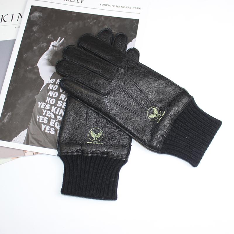 Men's Deerskin Gloves High Quality Genuine Leather Fleece Knit Lining Warm Striped Aviation Pilot Driving Gloves Autumn Winter