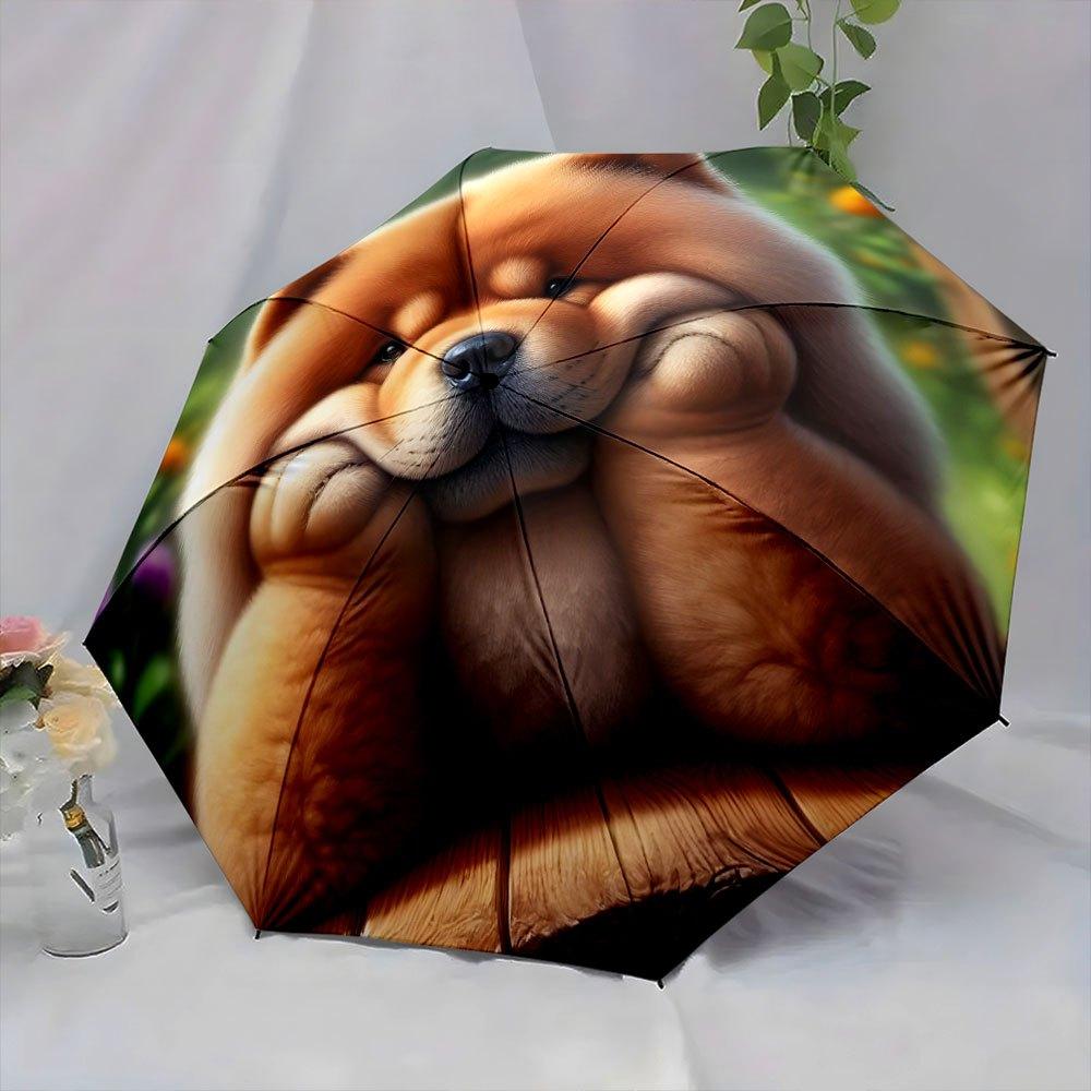 Chow Chow Dog Face Umbrella - Automatic Open/Close, 8-Rib Compact Folding Umbrella with Fluffy Chow Chow Portrait, Cute Brown