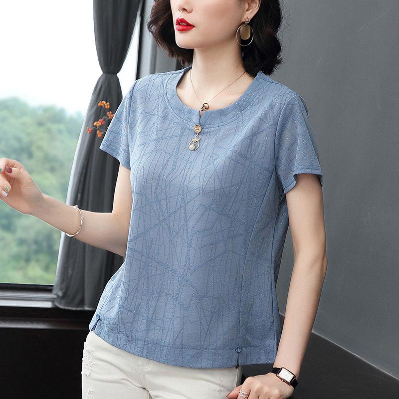 Women's Short-sleeved Chiffon T-shirt Loose Middle-aged Age Reduction Tops Fashion Women's Summer Clothes for Mothers