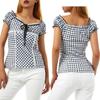 Female Tops, Plaid Lace Trim U-Neck Short Sleeve T-Shirt Close-Fitting Blouse for Summer, S/M/L