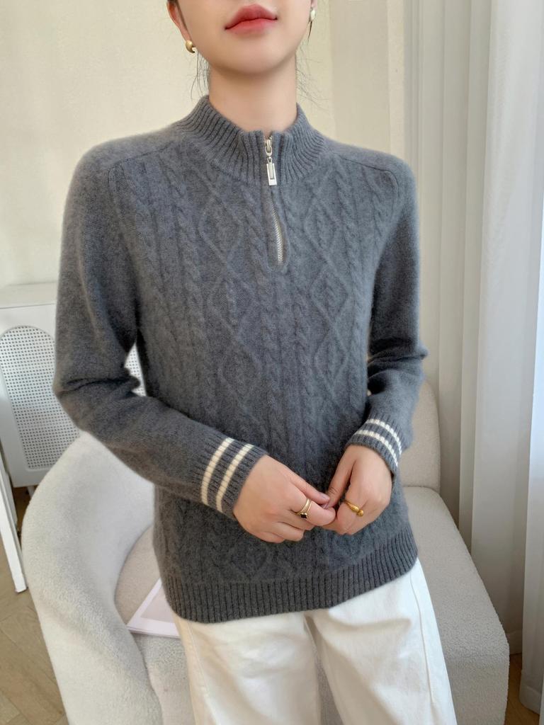 2025 Women's Autumn/Winter Half-Zip Stand Collar Cashmere Knit Sweater - Loose, Slimming, Thick Base Layer
