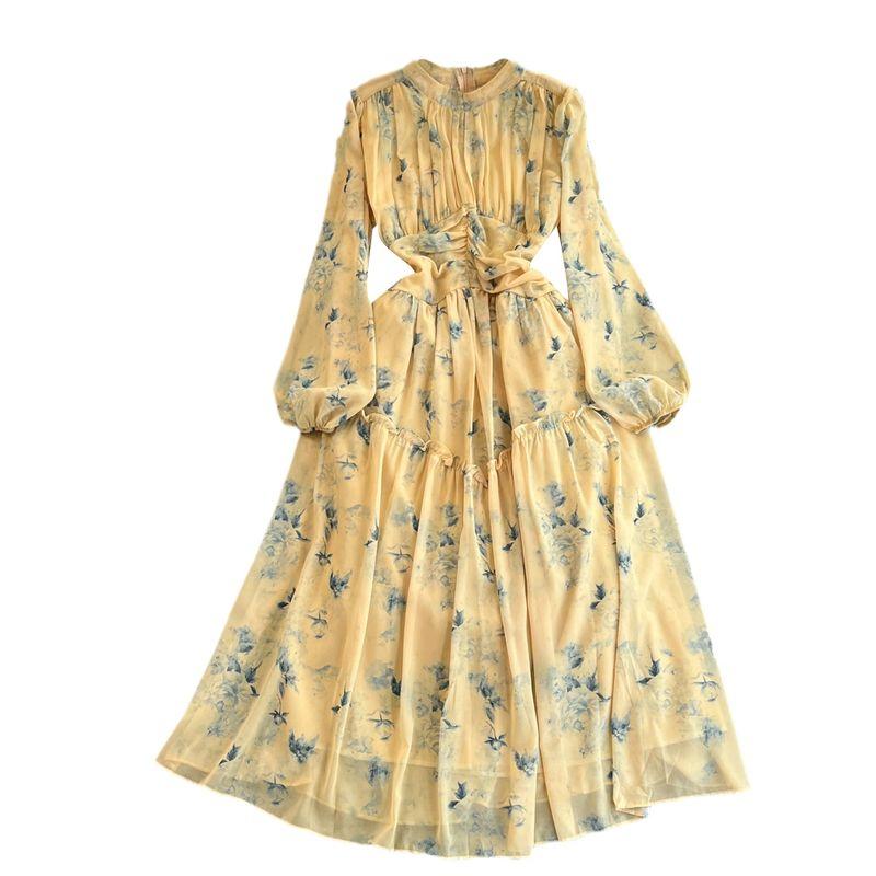 Accessible Luxury Lantern Long Sleeve Stand Collar Elegance Chiffon Dress