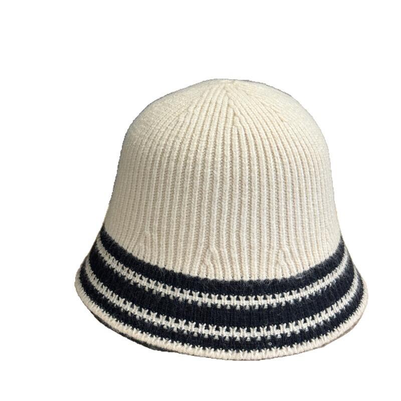 Outdoor design sense 1111 color matching striped handmade knitted sailor hat women's autumn and winter versatile face small wool basin hat