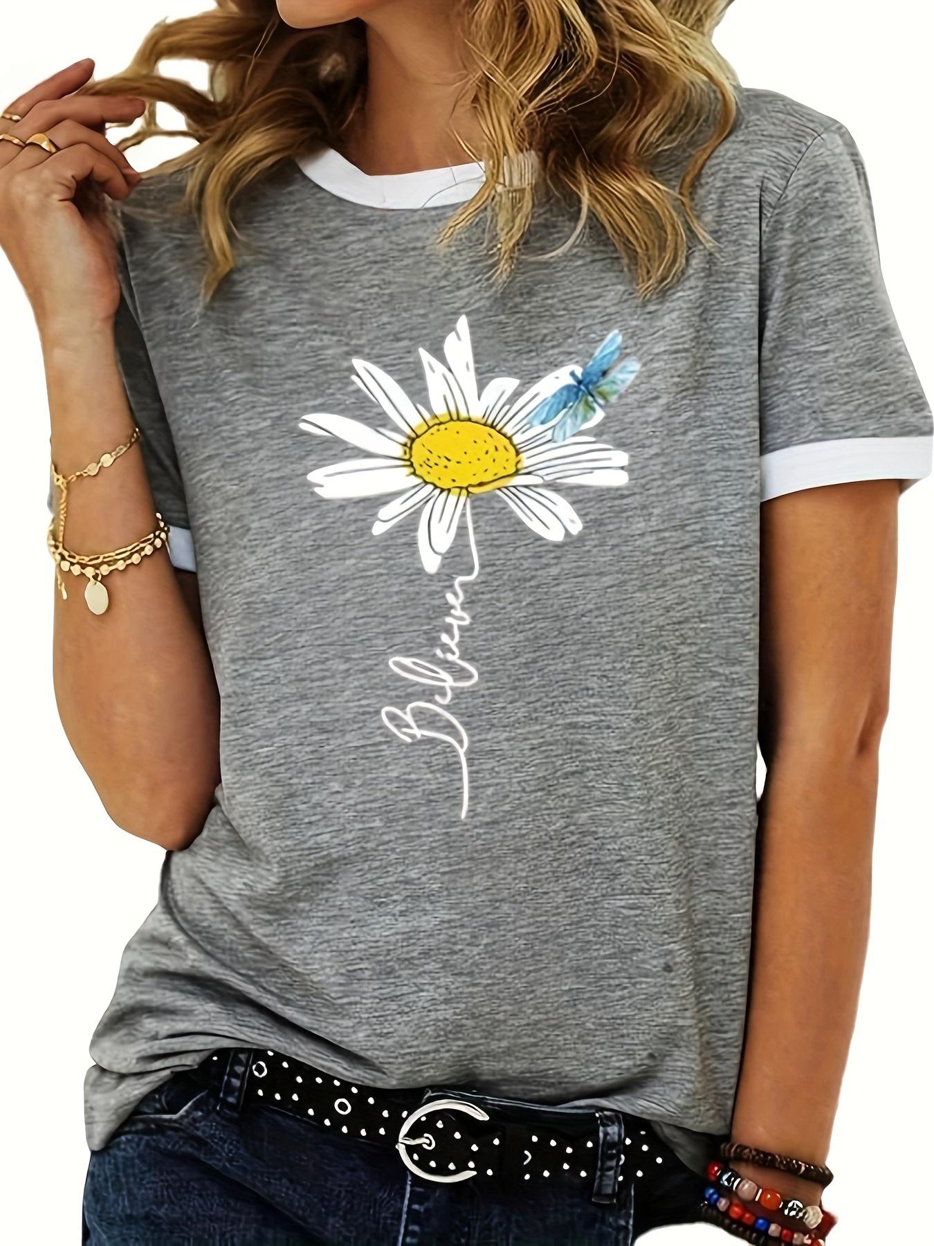 

Floral Print Crew Neck T-Shirt. Casual Short Sleeve T-Shir M дубильная кора