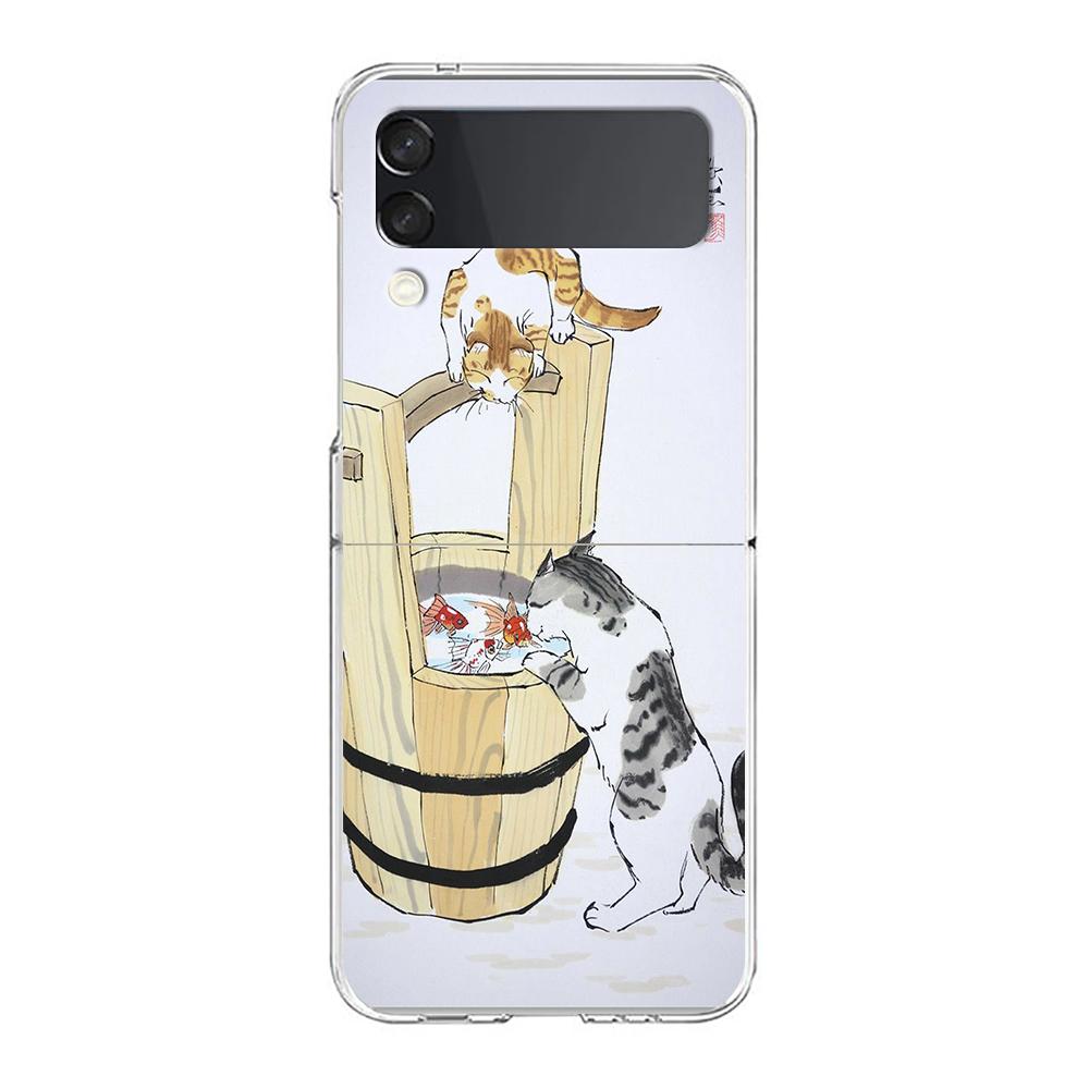 Transparent Phone Case For Samsung Galaxy Z Flip 3 4 5 6 7 Hard Folding PC Z Flip3 Flip4 Cover Protector Cat Fishing