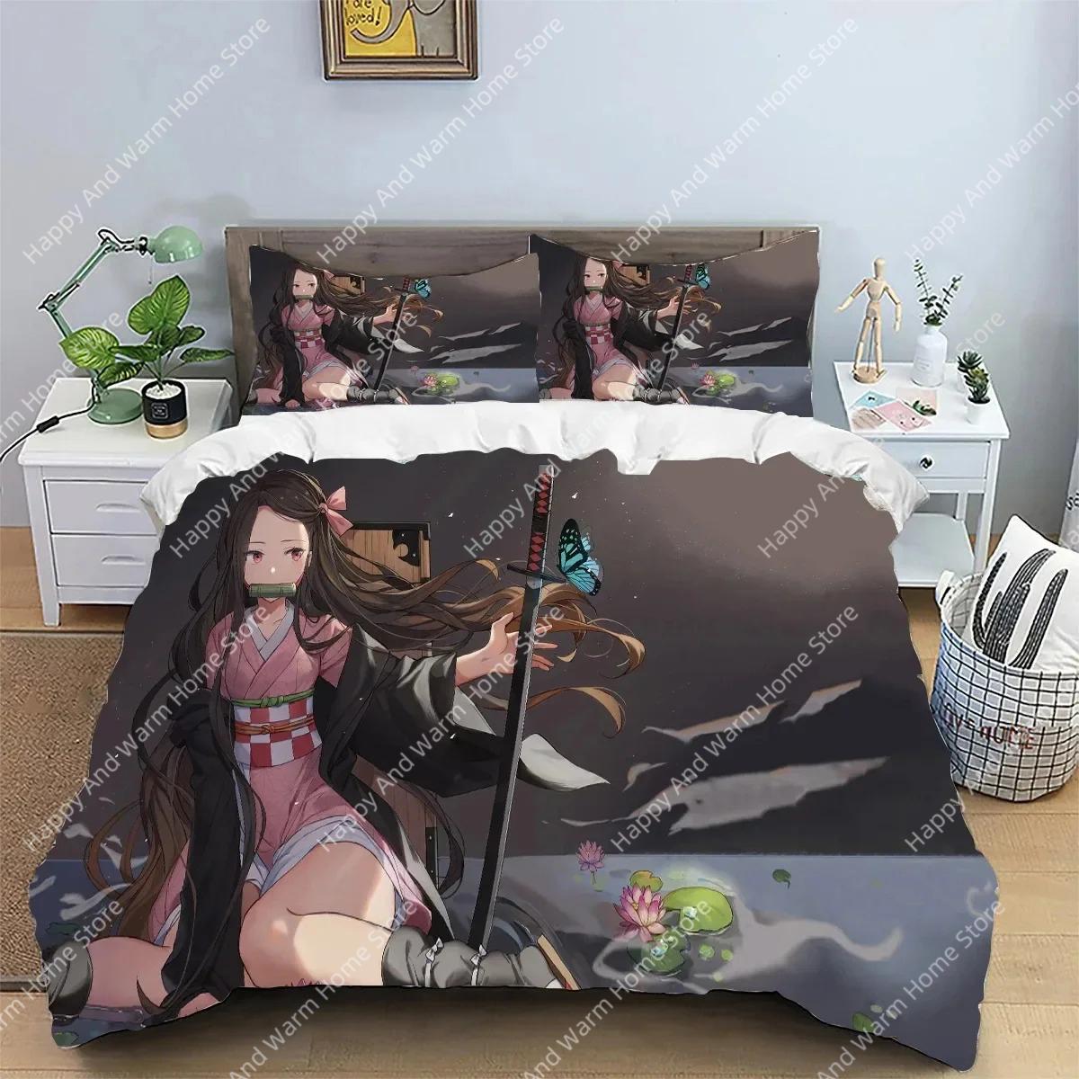 

Комплект постельного белья Kamado Nezuko Demon Slayer, пододеяльник, покрывало, наволочка, размер King Queen, односпальное постельное белье, подарок для мальчиков и подростков EU single(135x200cm)
