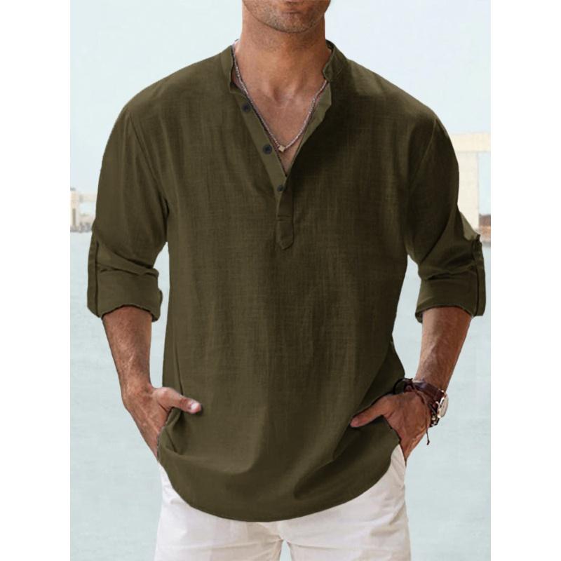Streetwear Men Lightweight Shirts Long Sleeve Henley Cotton Linen Shirts for Men Beach Hawaiian Shirts Breathable Collar Tshirts