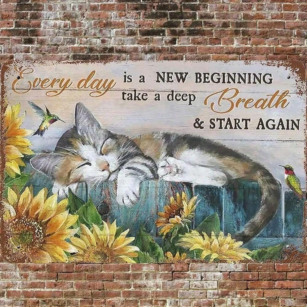 Vintage Cat Calico Hummingbird Sunflower Metal Wall Art for Garden