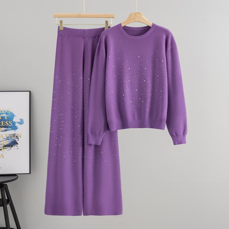 Autumn and Winter Gypsy Stars Hot Diamond Round Neck Pullover Long Sleeve Knitted Sweater Loose Knitting Two-piece Set Women