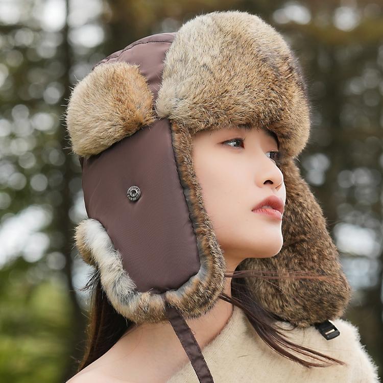 Hat Women's Winter New Rabbit Fur Warm Thickened Ear Protection Outdoor Riding Windproof and Coldproof Lei Feng Hat