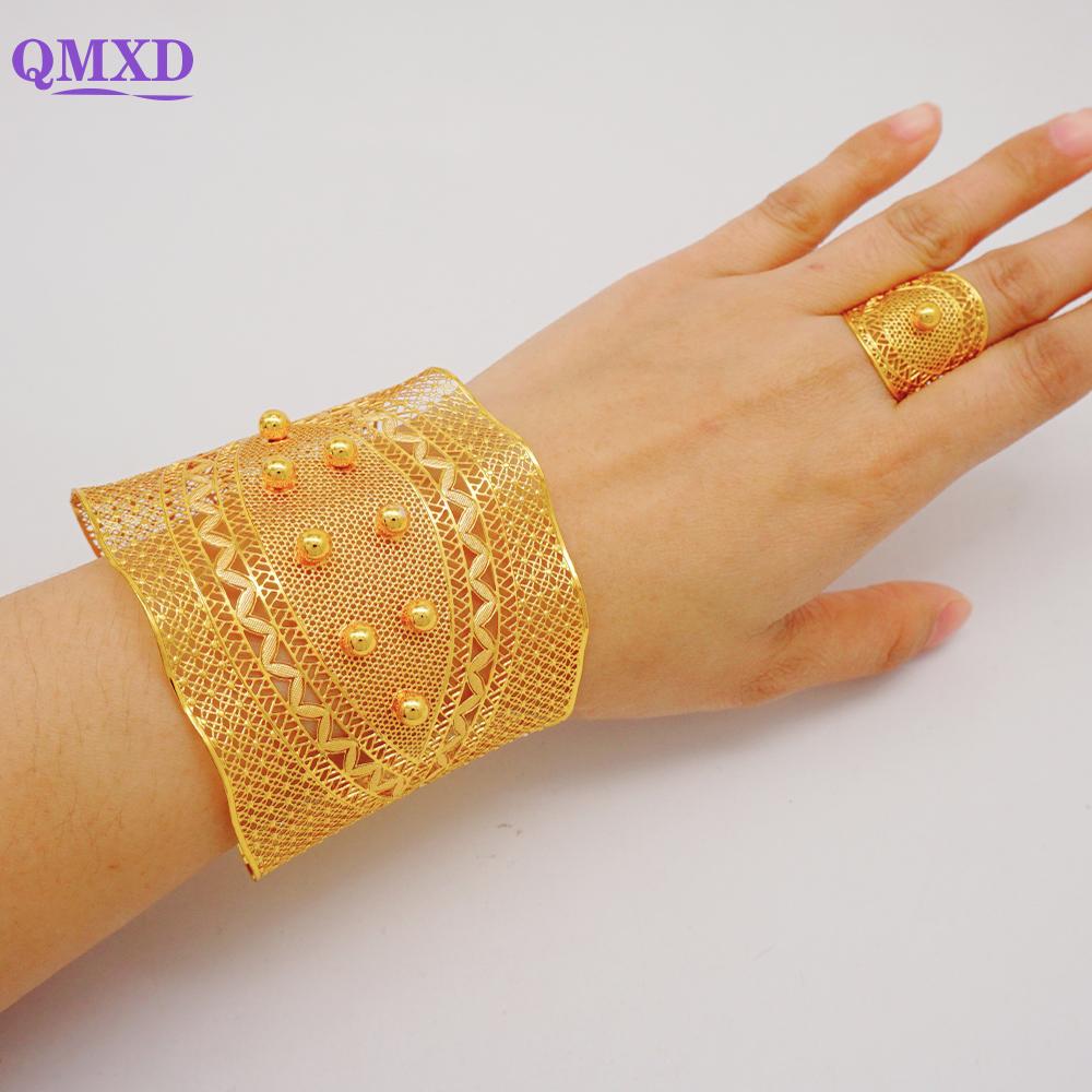 Dubai Gold Color Bangle With Ring For Women Charm Chain Cuff Bracelet Indian Bracelet Arabic France Bridal Wedding Jewelry Gifts