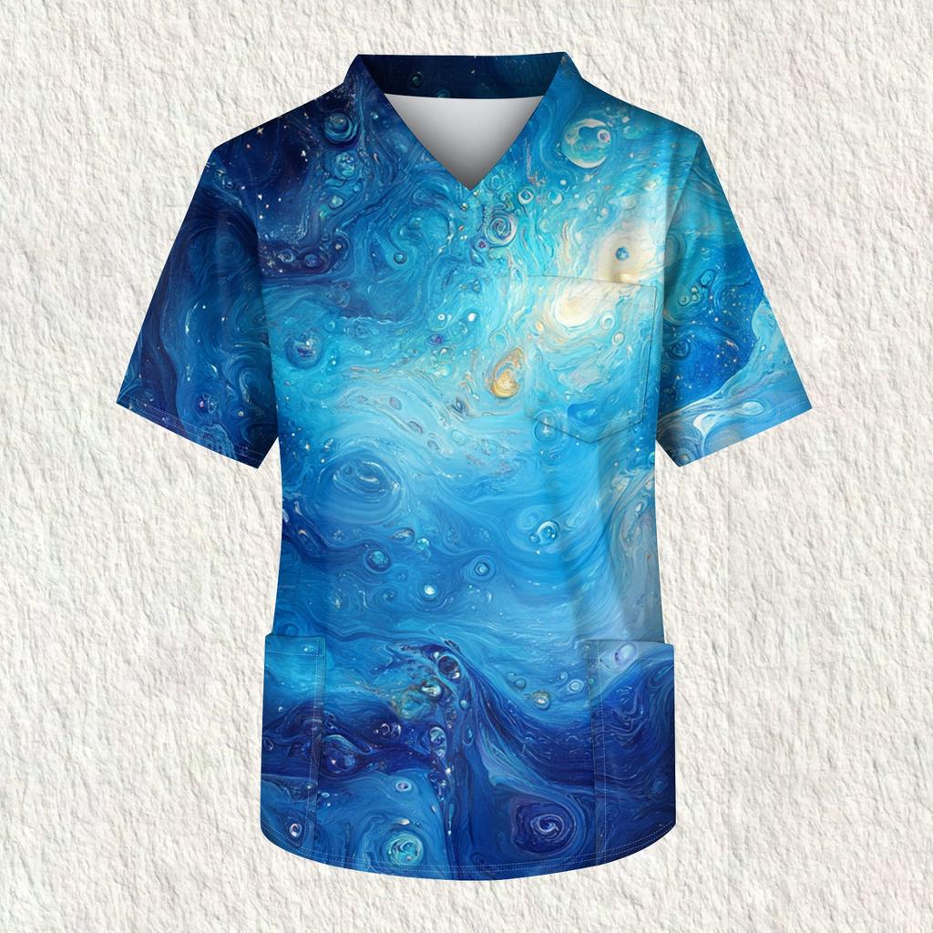 Men's Printing Short Sleeve V-neck Working Blouse Chest Pocket Carer Top