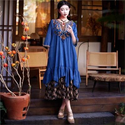 Woman Spring Embroidery Splicing Vintage Style Dress Personality Half Sleeve V-Neck Loose Cotton Retro Dress