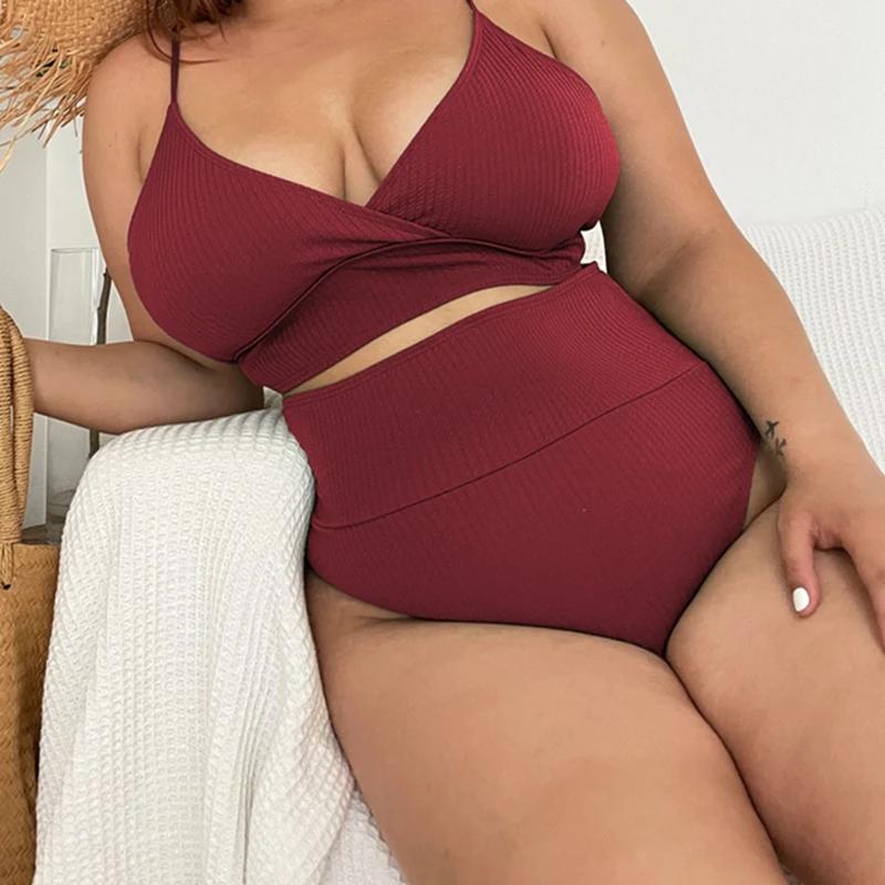 

Большой размер 4XL, женский комплект бикини с низким вырезом, новинка 2024 года, женский купальник с открытой спиной, текстурированный купальник с высокой талией, пляжная одежда с эффектом пуш-ап, танкини 4XL