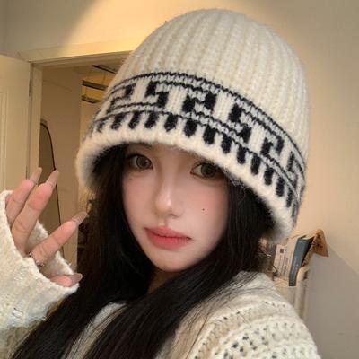 Retro Jacquard Knitted Fisherman's Hat Children's Autumn and Winter Ear Protection Letters Versatile Big Head Circumference Showing Face Small