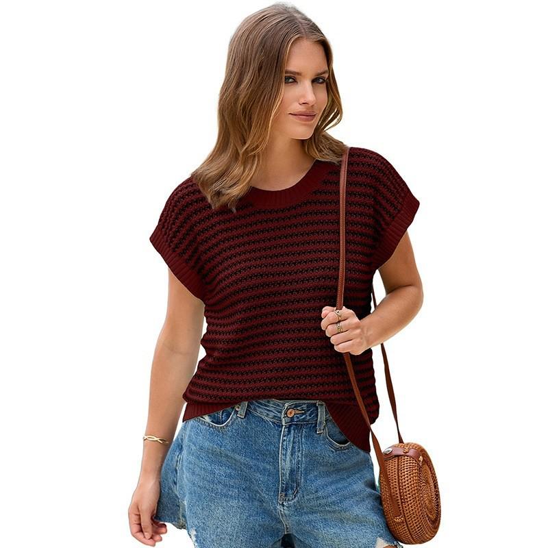 Women's Striped Knit Summer Top - Loose, Short-Sleeved, Round Neck, Casual Hollow Design Sweater