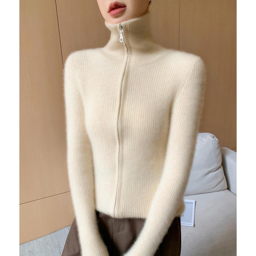 2025 Fall/Winter Women's Versatile Striped Cashmere Zipper Cardigan Sweater