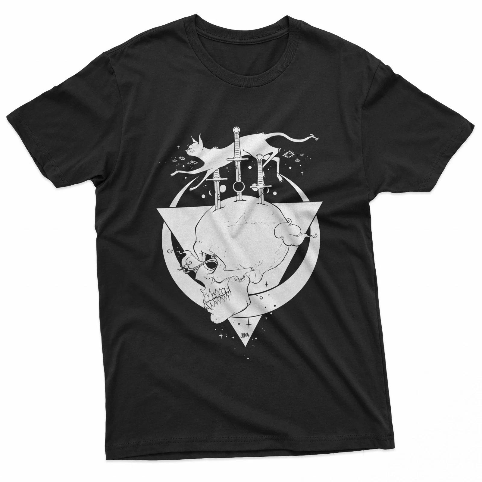Occult Cat Skull Moon Phases T-Shirt L