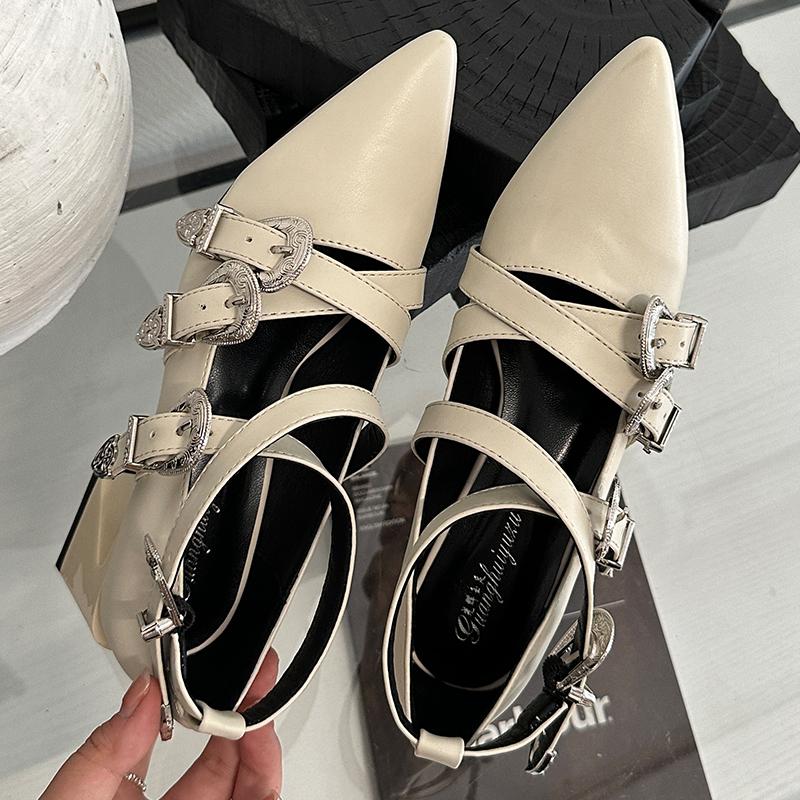Mode Damen Neu 2025 Schuhe Absätze Damen Pumps Flache Schuhe Spitzschuh Mode Metallschnalle Riemen Damen Dicke Absätze Schuhe