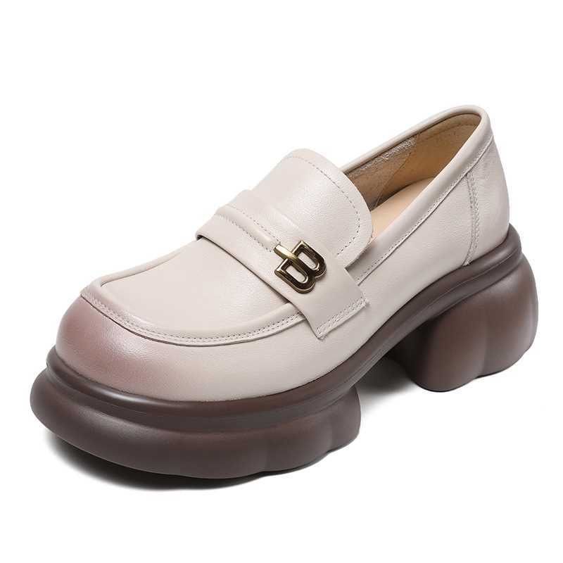 2025 Spring New Soft Leather Platform Loafers Women's Heightening Women's Shoes Soft Leather Versatile Muffin Platform Women's Leather Shoes Women