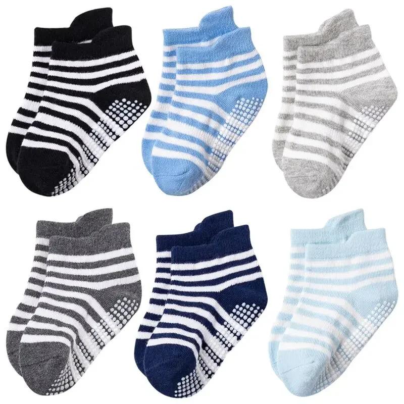 6 Pairs Baby Girls Boys Anti-slip Non Skid Socks with Grips Toddler Kids All Seasons Cotton Socks 0-3years