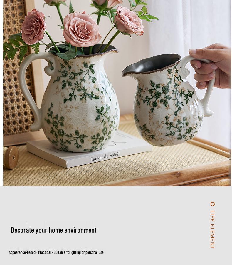 American Country Crackle Glaze Ceramic Milk Jug Vase - Pastoral Feng Shui Flower Arrangement Retro Decor