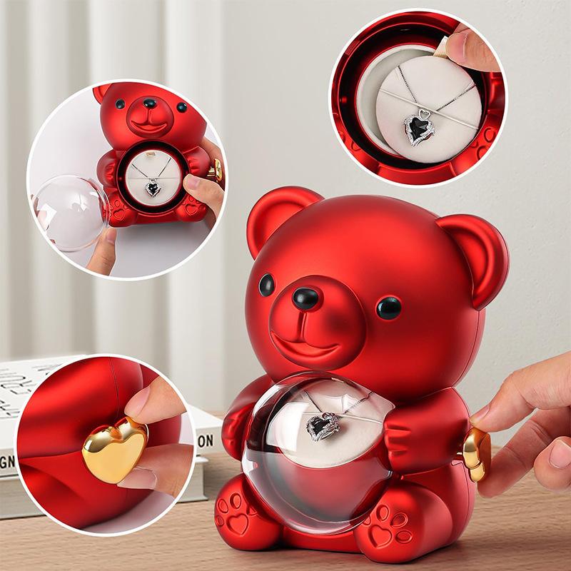 New Rotating Hugging Bear Rose Jewelry Box Eternal Flower Gift Box for Girl Mother's Day Valentine's Day Christmas Gift