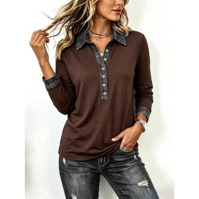 VEZFAA Damenmode, lässig, Frühling und Herbst, Farbblock-Druck, langärmelig, Polo-Ausschnitt, Blusen und Hemden