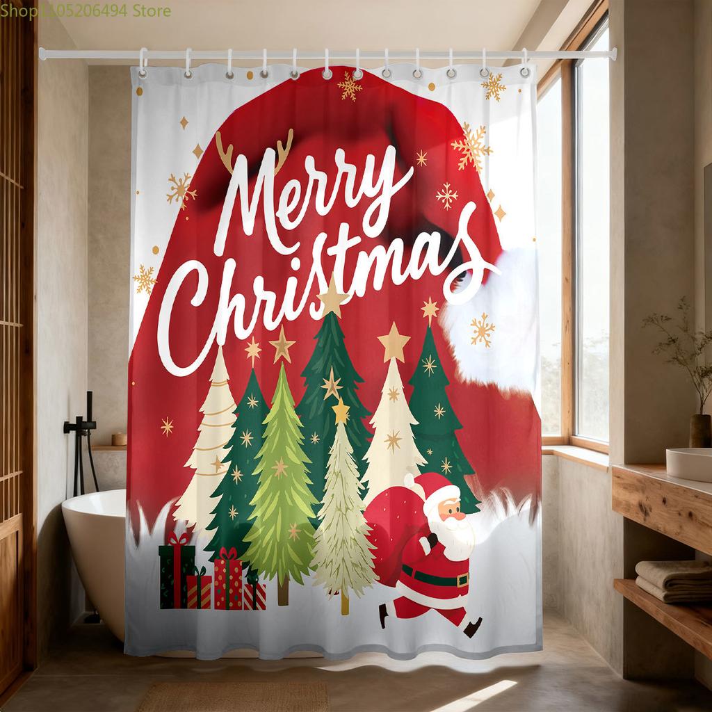 1pc Merry Christmas, Christmas Tree Printed Waterproof Shower Curtain, Privacy Hanging Curtain with 12 Hooks, Multiple Sizes