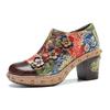 Johnature Zapatos de tacón pintados a mano de cuero genuino para mujer, zapatos de tacón alto con plataforma cómodos Flor Retro
