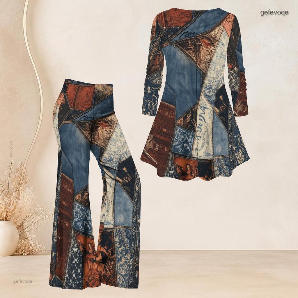 Women Plus Size Printed V Neck Three Quarter Sleeve Flared Top And Flared Pants Two Piece Set